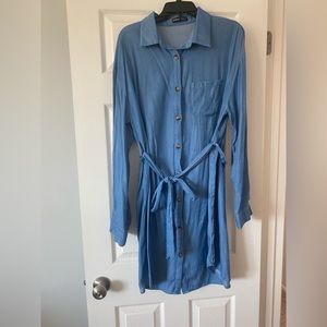 SHEIN denim like button down tie maternity dress